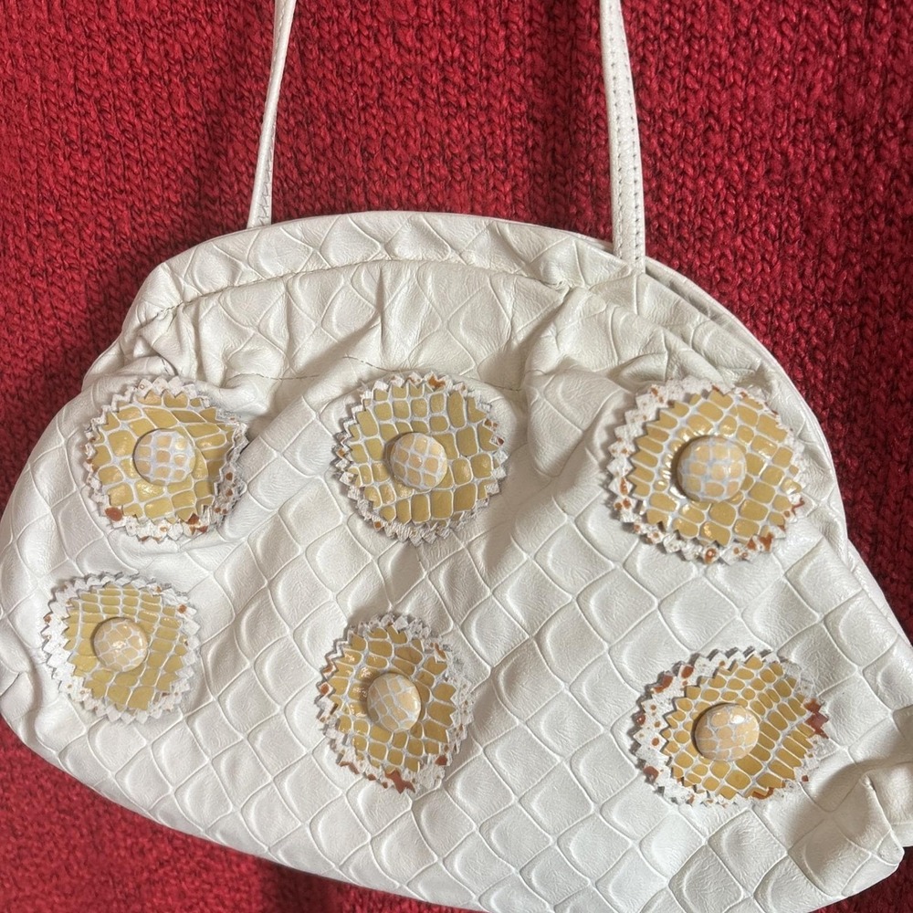 Vintage 70s Leather Snakeskin Floral Ivory Clamshell Purse 11"x7.5" Hippy Boho